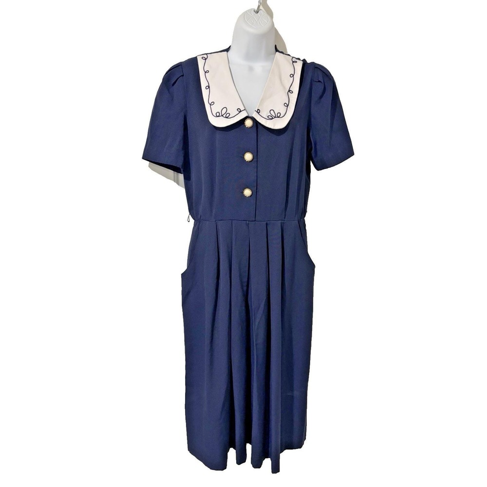 Vtg 80s PERI PETITES Navy Shirt Dress~10~White Sailor Collar Pleated Skirt Pkts